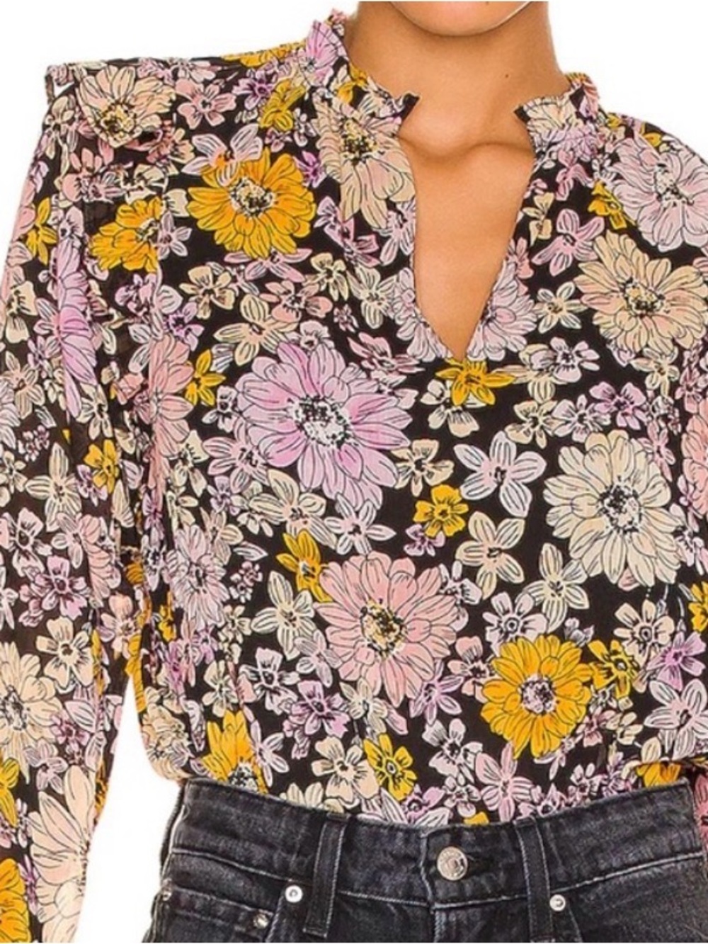 Steve Madden Black Floral Ruffle V-Neck Blouse with Pink & Yellow Flowers